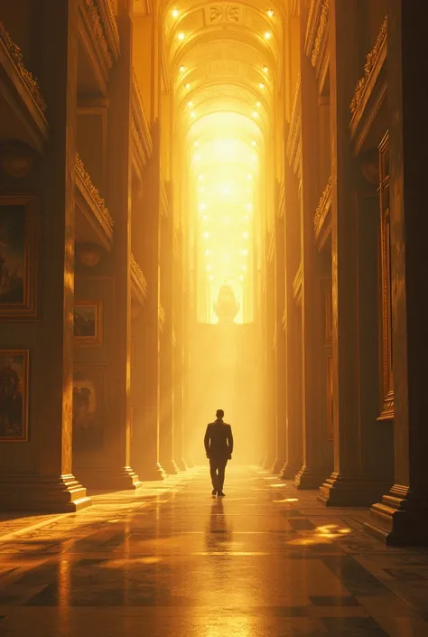 A dreamlike depiction of Hitler envisioning his Führermuseum, a grand hall filled with golden light and masterpieces hanging on every wall. The scene is surreal, blending fantasy with architectural precision."