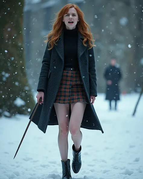 Emma Watson, Hermione Granger, adult, dark lord Voldemort is casting a blizzard spell, hermione is facing voldemort but cannot match his ultimate power, woolen mini skirt, bare legs, griffindor coat, turtleneck, high heels, hogwarts castle garden, full bod...