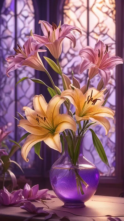   There are many beautiful lilies in the purple clear Venetian glass for a very long time, narrow vase ,There are many beautiful lilies  , soul,  fairy tale, soul、soul,   colorful  ,  gold,  Film-like lighting by a professional photographer、 cinematic past...