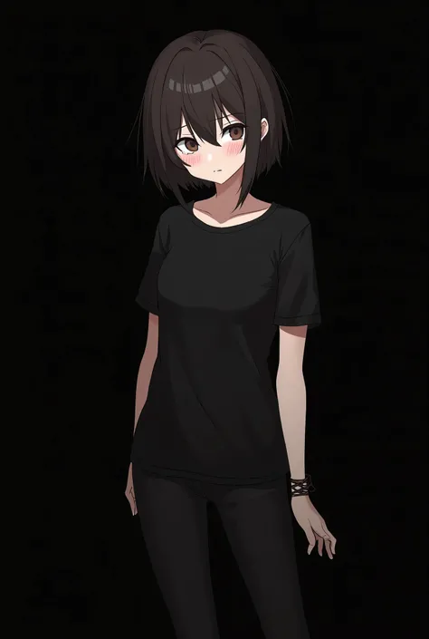 chica:  anime-style 90x with short dark brown wool hair  ,  long bangs  , pale skin, bruises under the eyes boots  . average height(158 cm ).  Close up on a black aesthetic background with a cold look .  around pants and t-shirts with 2 and 1 boobs. 0 cent...