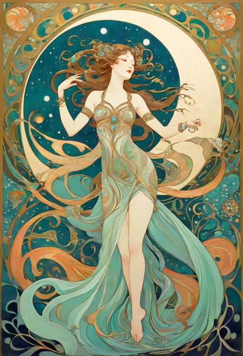  Hallucinatory, Tsuruta Ichiro Style Beauty Painting , Hypnotic Patterns , Abstract, Euphoric,  Fluid Shapes , Art Nouveau Painting ,  jewelry, summer, passion,  moon,  flat illustration .  negative space in the shape of a dancing womans body. goddess, who...