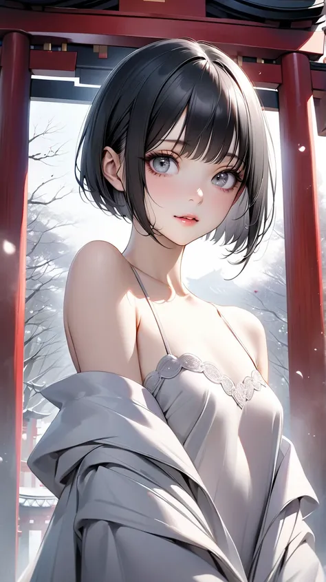 solo。
  realistic drawing。 high image quality。 High Quality 。 digital painting。Pale colors。


（adult、Beauty、 slender。 small tits、Small chest）
（ Off Shoulder 。Low rise）
（ black hair、 pixie cut、 straight hair）
（Droopy eyes。Gray Eyes。 squint:1.5）
 bewitching ...