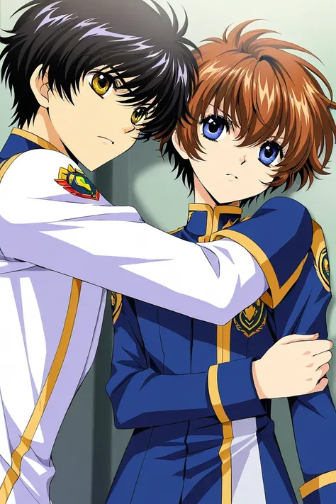 Two academy students. Girl number 1 has long wavy brown hair with shiny golden eyes with a white 2 pieces uniform. Boy number 2 is taller, has black hair with cold light  blue eyes with a blue uniform. Theyre lovers. Serious. Clamp Tsubasa chronicles art s...