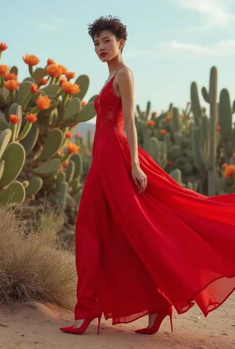 Model photo, Thai woman, buzz cut short curly hair, she wears a long satin and lace red evening dress, long wind blowing, red high heels, standing pose, dynamic movement, the atmosphere is surrounded by cactus blooming in various colors,. Desert atmosphere...