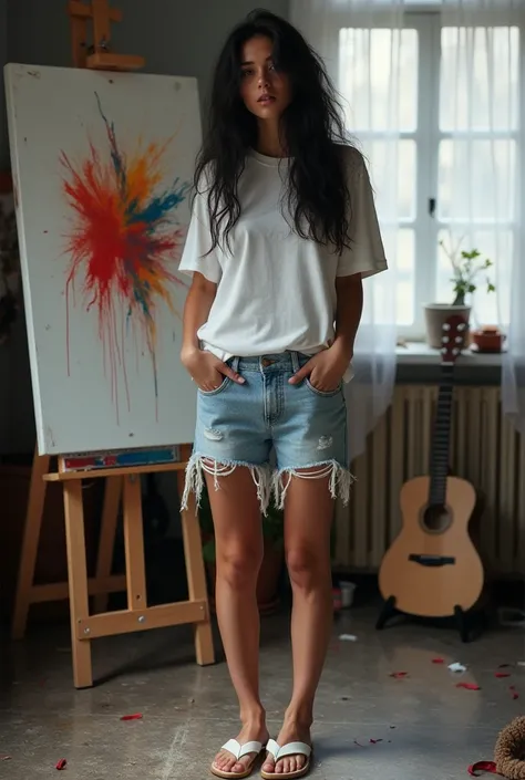 A full body photo of a 20-year-old Rusian modelling stunning woman with Messy long black hair, wearing big Tumblr t-shirt white color, cowboy ripped short jeans,White flip flops, a standing  Facing the direction the canvas is with an expressive and captiva...