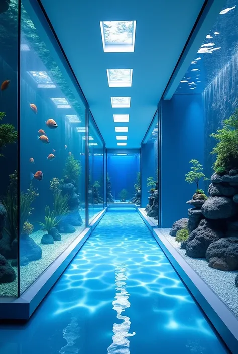  Build a floor where the floor contains several aquariums where to cultivate fish and other marine life.  Aquarium contains one type of marine animals .  Aquarium is made of thick glass and has clear water due to modern filters .  Inside the aquarium there...