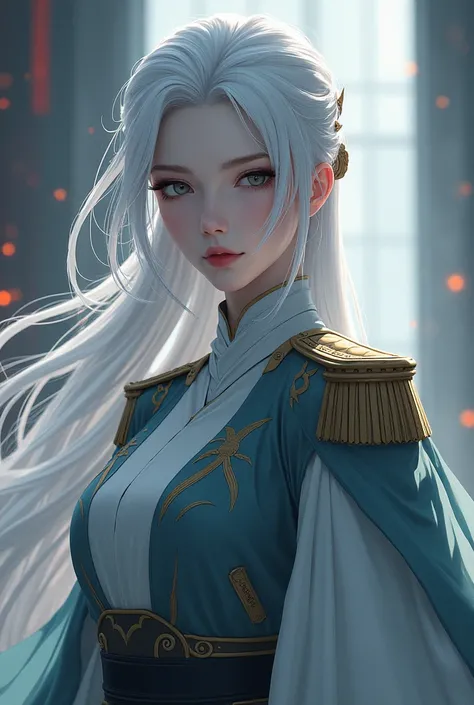 Snow-white skinned female general, white hair, gray smoke eyes, 178 cm tall, beautiful face, Chinese anime girl, looks cool, not too sweet, not too sweet face, sharp eyes.