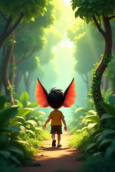 A wide-eared boy walks through a lush jungle filled with vibrant green trees and vines. His ears move actively, catching faint sounds of angel in the woods. Bright beams of sunlight filter through the canopy. 3D animation, Disney inspired.