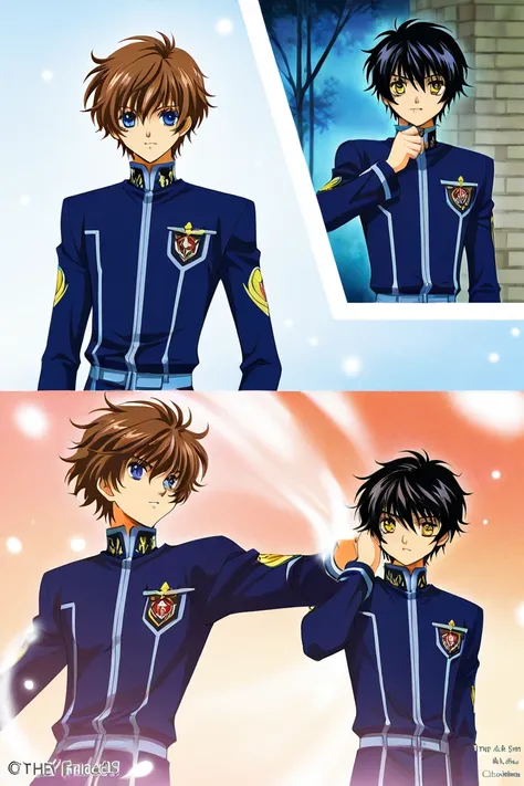 Two academy students. Girl number 1 has long wavy brown hair with shiny golden eyes with a white 2 pieces uniform. Boy number 2 is tall, has black hair with cold light  blue eyes with a blue uniform. Theyre not friends. Serious. Clamp Tsubasa chronicles ar...