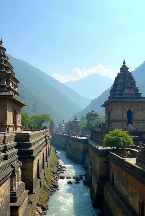 . "A panoramic view of Baijnath Dham temple complex, nestled in the Himalayan foothills, with the Gomti River flowing gently alongside. The ancient stone temple features detailed carvings and is surrounded by lush greenery under a clear blue sky."
