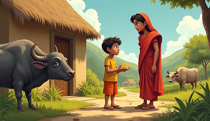 The boy Anand returned home with the gold and silver coins and told everything to his mother । cartoon imageBuffalo and cow ate up the entire crop in Anands farm. Anand was watching with sadness cartoon image ।The boy was looking sadly at his field