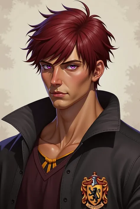 1 male, realistic, , athletic build, gryffindor clothes, reddish brunette hair, violet eyes, fair skin