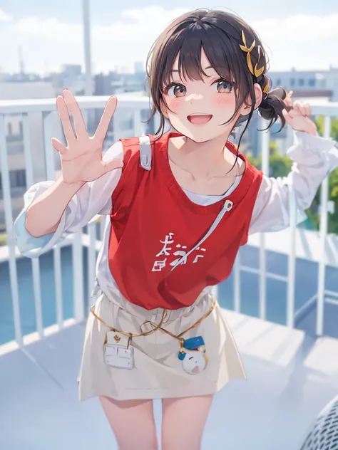 there is a young girl standing on a balcony waving, chiho, with index finger, lovely smile, pose(arms up + happy), short smile, cute smile, shikamimi, with cute - fine - face, coy smile, ruan cute vtuber, slight cute smile, small wide smile, innocent smile...