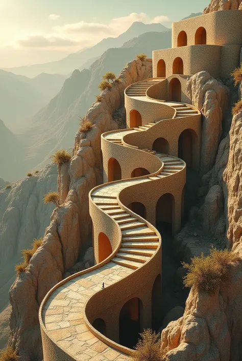 generate a hyper realistic scene reminiscent of a gold milling building   on the edge of a cliff, inspired by M.C. Eschers. signature style, incorporating impossible geometries, interconnected elements, and mind-bending perspectives. Focus on creating a se...