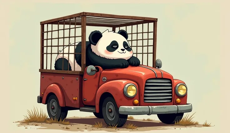 A cartoon Panda(small, fluffy black-and-white panda with a round belly. You have a curious look and move clumsily but adorably.) is trapped and sleeping  in a metal cage on the back of an old, rusty cartoon truck with faded red paint (.image of a cage only...