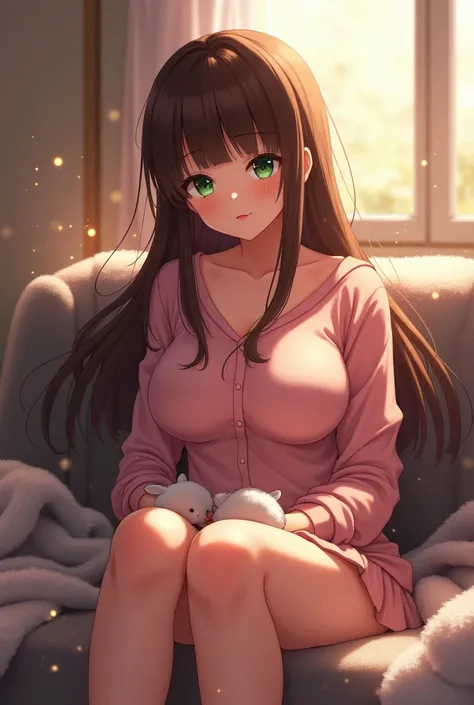 1girl, Large breasts, anime, green eyes, long straight brunette hair, comfy clothes, (fluffy bunny slippers), sitting on couch with blanket,Sparkle, Cinematic Lighting, Glowing Light, Pixar, Wide Shot, High Resolution, Best Quality, High Details, UHD, Make...