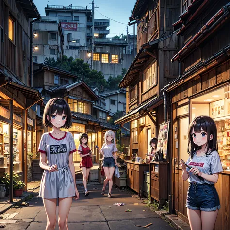 
(( masterpiece 、 top quality 、  Official Art 、  Detailed Anime  、Unity 8  ｋ wallpaper))、evening、night、((( 3 girls、2 girls in summer clothes 、smile)))、( detailed face 、Cooking、Poor conditions、abandoned hot spring town 、Battleship Island、shop、Showa Retro:1....