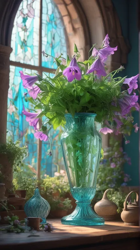   Many beautiful campanulas are in clear green Venetian glass for a very long time, narrow vase ,There are many beautiful campanulas  , soul,  fairy tale, soul、soul,   colorful  ,  black, Professional Photographers Stage Light 、Cinematic pastel blue lighti...