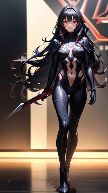 a cool anime 18 years old girl in black Spiderman costume, beautiful detailed face, long wavy hair, perfect body ratio, adorable girl, full body looks, front view, look at the camera, perfect background, (best quality,4k,8k,highres,masterpiece:1.2),ultra-d...