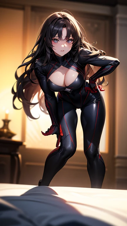 a cool anime 18 years old girl in black Spiderman costume, beautiful detailed face, long wavy hair, perfect body ratio, adorable girl, full body looks, front view, look at the camera, perfect background, (best quality,4k,8k,highres,masterpiece:1.2),ultra-d...