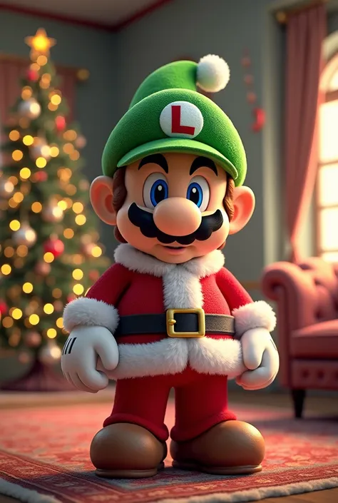 Crea una imagen de 

luigui, Mario&#39;s brother,  he is dressed in a red white Santa Claus costume and ,  with a black belt and a false white beard . lleva un sombrero verde con una "l" gold on the front ,  which is his characteristic hat ,  He is standin...