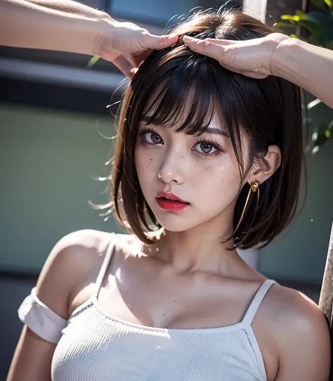 1 girl, 19 years old, Japanese, 4k, realistic, soft skin, texturized skin, long whavy black hair with bangs, purple fade hair, shiny red eyes, red eyeliners, shining red lips, natural makeup, freckles, large breast, boob tent, round gold earings, transpare...