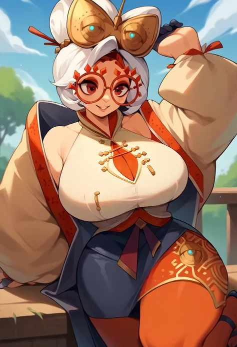 score_9, score_8_up, score_7_up, score_6_up, score_5_up, score_4_up, (source_anime), purah, 1girl, huge breasts, narrow waist, thick thighs, hair ornament, red headband, red glasses, sleeveless shirt, white coat, black skirt, red leggings, gloves, high hee...