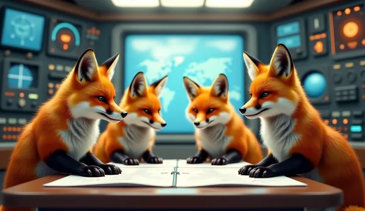 
4 stately orange realistic foxes devising a plan in the control tower with a writing on the table