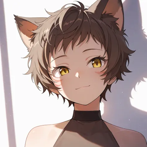 (Masterpiece, high quality, shaders, shadows, cinematic light, detailed, anime) solo, woman, catgirl, short hair, messy pixie hair cut, pointy cat ears, face marks, brown hair, brown facemarks, yellow eyes, large ayes, elegant eyes, large eyelashes, perfec...