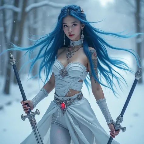 Girl, Solo, she have attractive face ,hot and sexy body, absurdly long hair, background Frost, fantasy world, frozen clothes, tattooed body, earring jewelries, 8k, hd, bandages covering our body, snow woman, white energy coming from her body, chest armour,...