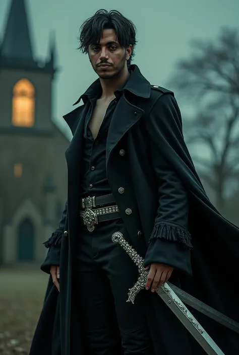 Young man with jade green eyes and short, straight hair. He wears a black trench coat that flows dramatically in the wind, with artfully torn sleeves revealing his arms. His attire is that of a classic vampire hunter. The scene is set at night, featuring a...