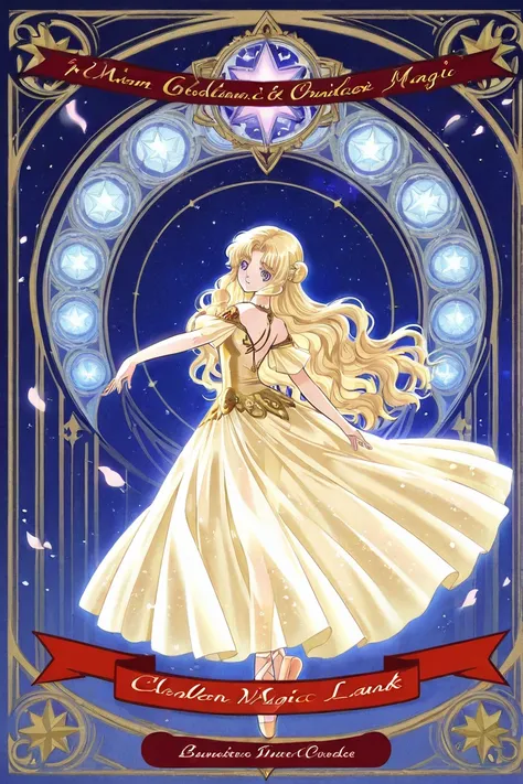 Long Blonde wavy hair light blue eyes ballerina woman dancing in a magic land using magic wearing a golden delicate dress with stars surrounding her. Clamp Tsubasa chronicles art style. Book cover. 