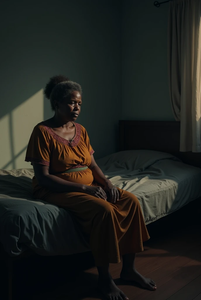 African mom sits on a dark bed lying in a room 