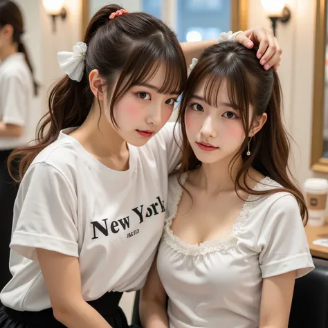 『 has a different face and hairstyle ２ Japanese girls:1.9』『 real photos:1.3』 top quality :1.2、(( big breasts))、胸のvalley間が少し見える、(( young woman))、(( has red cheeks))(( smiling :1.3))、((( is anatomically correct、 Perfect Anatomy、 is anatomically correct指)))、 ...