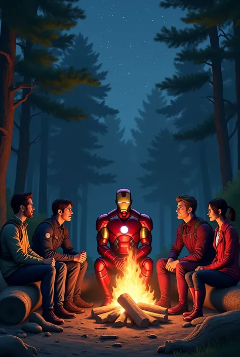 I want you to draw Avengers friends centered around Iron Man sitting on a log and surrounding a bonfire