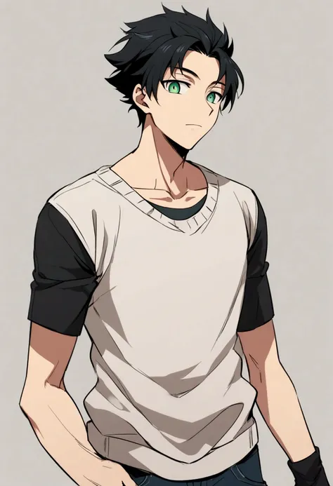  A male anime-style character with medium-long black hair, green eyes and casual wear 