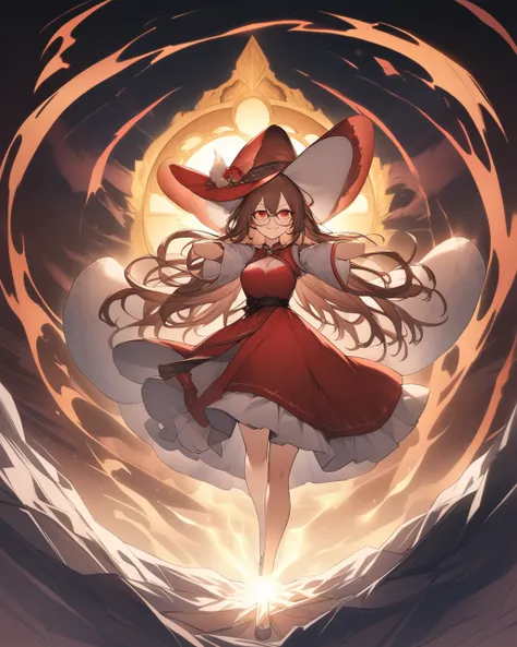 Use magic with an oval mirror  、Large mirror、 Aura-Emitting Mirror 、whole body、 The background is a fantasy world  、 woman wearing a big hat 、 Wearing Glasses、Traveler、Chest、 red eyes、Her hair is brown.、 raises arms、mischief、 smirking 