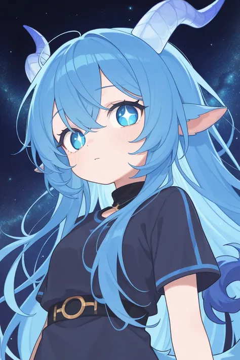 Light skin, blue eyes, pupils with stars instead of round, hair blue and long, tiny dragon horns and tail, stars in the background