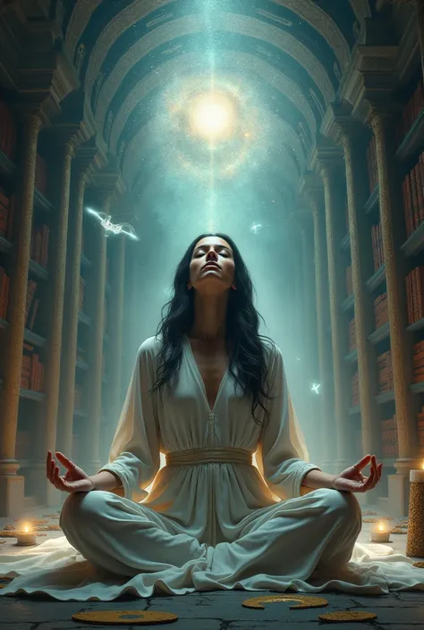 A woman meditating in the other world in a deep and ancient library with an image far from Earths space and a space telescope in the corner of the room.