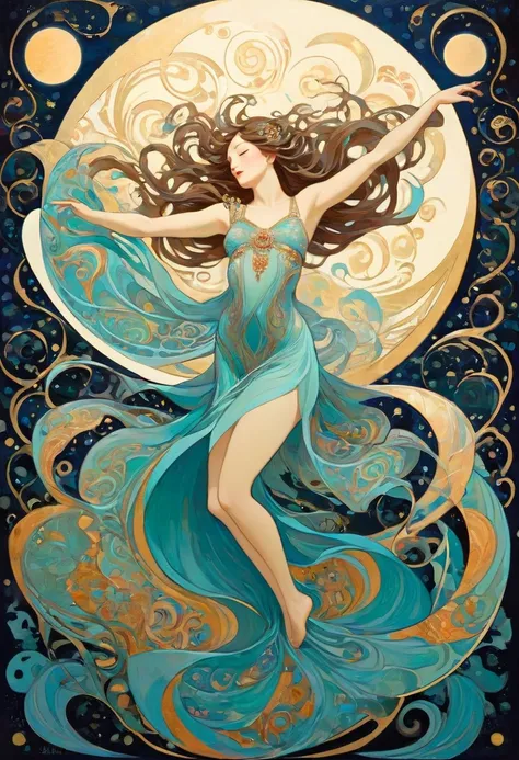  Hallucinatory, Tsuruta Ichiro Style Beauty Painting , Hypnotic Patterns , Abstract, Euphoric,  Fluid Shapes , Art Nouveau Painting ,  jewelry, summer, passion,  moon, Flare,  flat illustration .  negative space in the shape of a dancing womans body. godde...