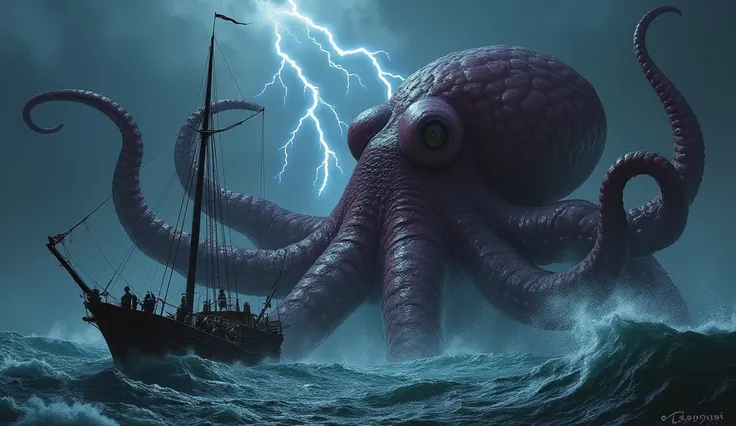 A giant and terrifying octopus traps a small medieval warship with its tentacles. Night atmosphere.