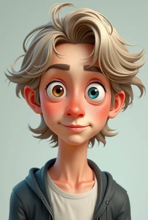  Create an adult male who is an ash-blond,  has features on his face that are fine ,  shoulder-length hair ,  a light brown eye and a blue eye , that has freckles and looks semi-realistic cartoon 