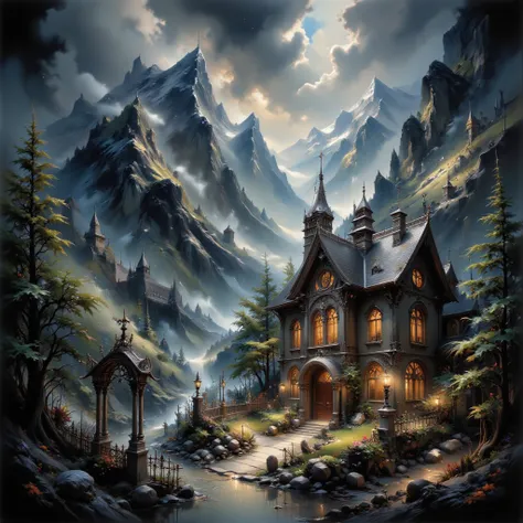 summer, a lonely stone magic academy on a cliff above snow-capped mountains ,  surrounded by a garden with green conifers and an elegant wrought-iron fence