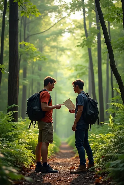 Two young men, dressed in casual outdoor gear, standing at the edge of a dense forest. The tall trees form a canopy, with sunlight streaming through the leaves. One of them holds a small map, pointing into the woods, while the other looks excited and ready...