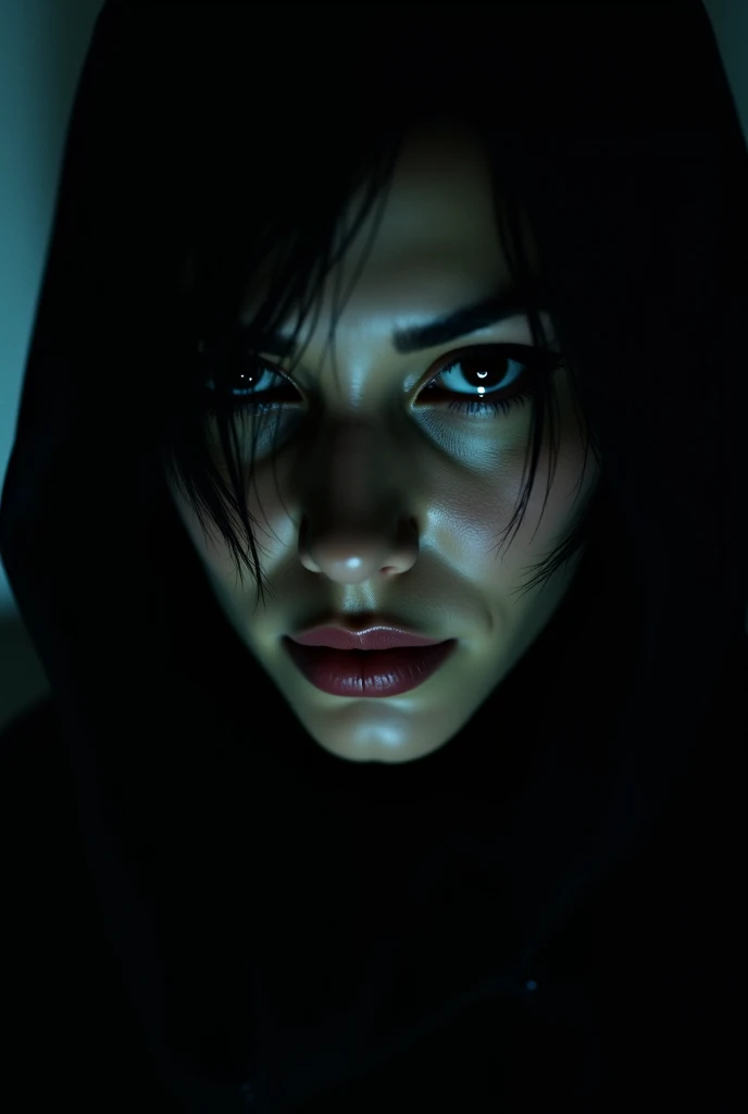 a close up of a womans face in the dark, league of legends splash screen, imvu, dark ominous stealth, madison beer girl portrait, very very creepy, source engine footage, image on the store website, tease, gentle shadowing