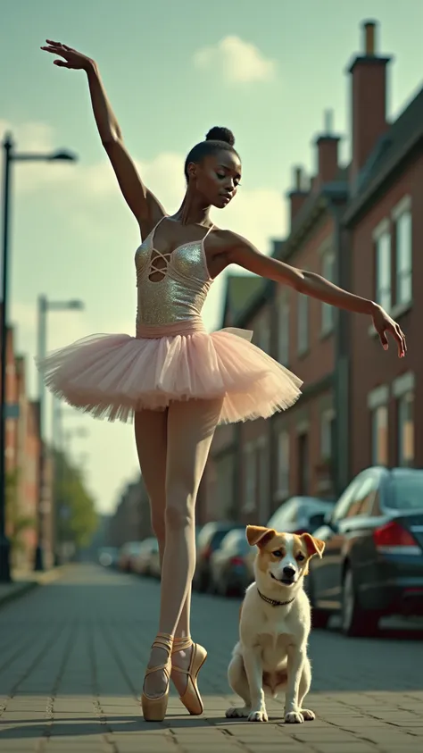 Image is a portrait-style photograph featuring a african ballerina in string tanga and stockings with dog performing en pointe on a street lined with red-brick buildings. The layout is vertical, capturing the full length of the dancer. She has fair skin an...