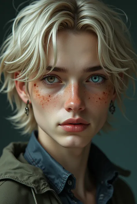  Create an adult male who is an ash-blond,  has features on his face that are fine ,  shoulder-length hair ,  a light brown eye and a blue eye , that has freckles and looks semi-realistic