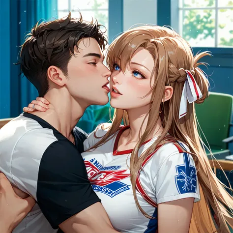 (( top quality )), ((masterpiece)), ( Details), （perfect face）、Yuki Asuna, who has bright brown hair, wears rough American T-shirts, wears rough clothes, and an engagement ring, becomes a lover with a strong English-American white blond, blue eyed man, and...