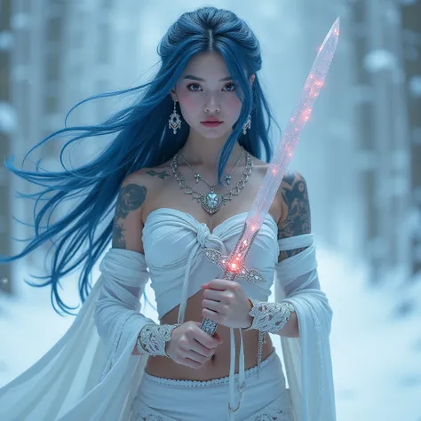 Girl, Solo, she have attractive face ,hot and sexy body, absurdly long hair, background Frost, fantasy world, frozen clothes, tattooed body, earring jewelries, 8k, hd, bandages covering our body, snow woman, white energy coming from her body, chest armour,...