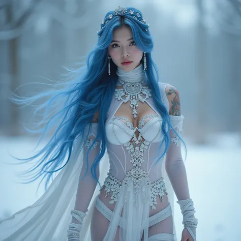 Girl, Solo, she have attractive face ,hot and sexy body, absurdly long hair, background Frost, fantasy world, frozen clothes, tattooed body, earring jewelries, 8k, hd, bandages covering our body, snow woman, white energy coming from her body, chest armour,...